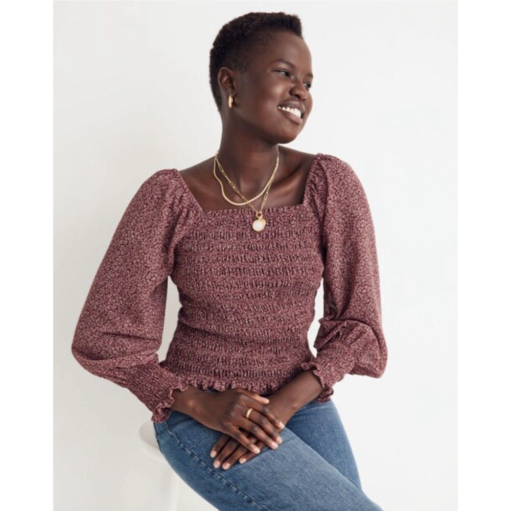 Madewell Lucie Bubble-Sleeve Smocked Crinkle Top in Cottage Garden Floral Small